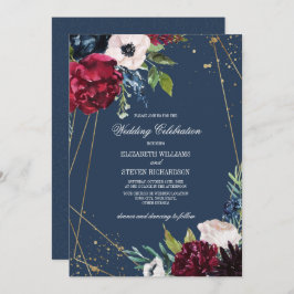 Marineblau | Burgundy Bloom Geometric Wedding Einladung