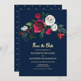 Marineblau | Burgundy Bloom Wedding Save the Date Einladung