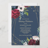 Marineblau | Burgundy Floral Geometric Wedding Einladung (Vorderseite)