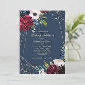 Marineblau | Burgundy Floral Geometric Wedding Einladung (Stehend Vorderseite)