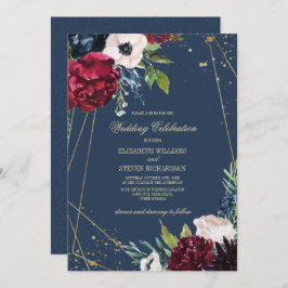 Marineblau | Burgundy Floral Geometric Wedding Einladung