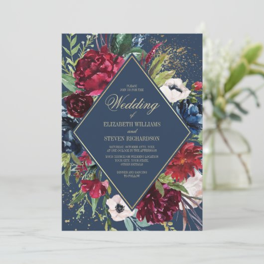Marineblau | Burgundy Floral Geometric Wedding Einladung (Stehend Vorderseite)