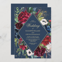 Marineblau | Burgundy Floral Geometric Wedding Einladung