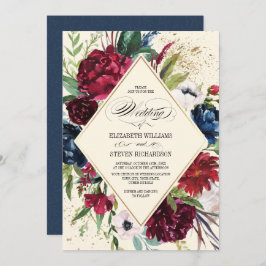 Marineblau | Burgundy Floral Geometric Wedding Einladung