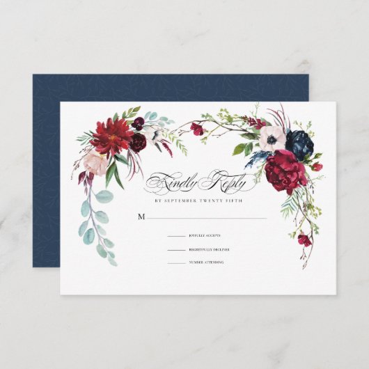 Marineblau | Burgundy Floral Wedding RSVP Card Einladung (Vorne/Hinten)