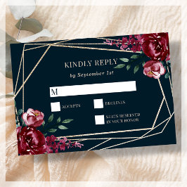 Marineblau | Burgundy Floral Wedding RSVP Card Karte