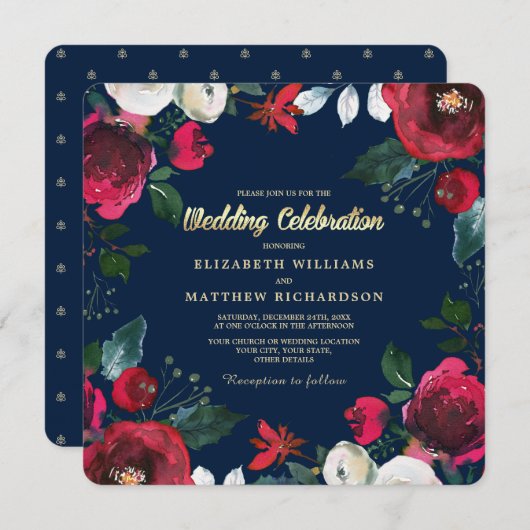 Marineblau | Burgundy Red Bloom Wedding Einladung (Vorne/Hinten)