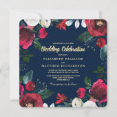 Marineblau | Burgundy Red Bloom Wedding Einladung (Vorderseite)