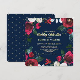 Marineblau | Burgundy Red Bloom Wedding Einladung