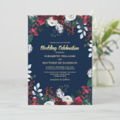 Marineblau | Burgundy Red Bloom Wedding Einladung (Stehend Vorderseite)