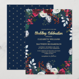 Marineblau | Burgundy Red Bloom Wedding Einladung