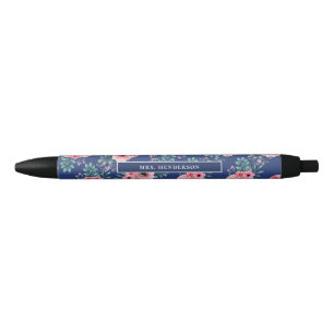 Marineblau Chic Watercolor Floral Personalisiert Kugelschreiber