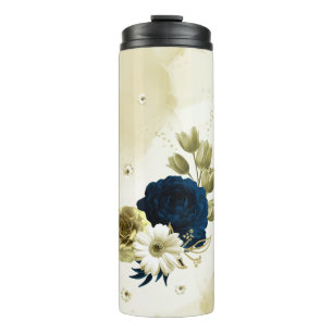 Marineblau-Elfenbeingold-Blume Thermosbecher