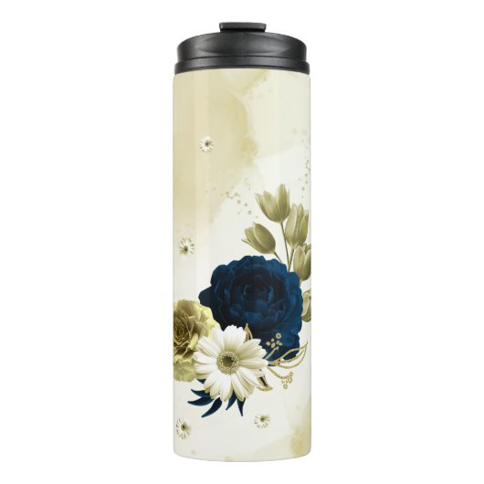 Marineblau-Elfenbeingold-Blume Thermosbecher (Vorderseite)