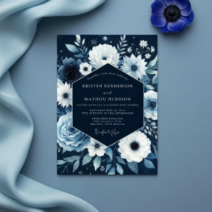 Marineblau-Florale Whimsical-Hochzeit Einladung