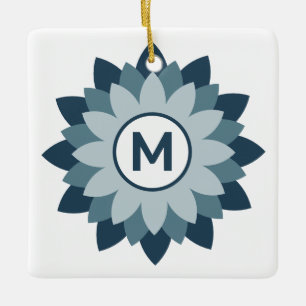 Marineblau geometrisches florales Medaillon Abstra Keramikornament