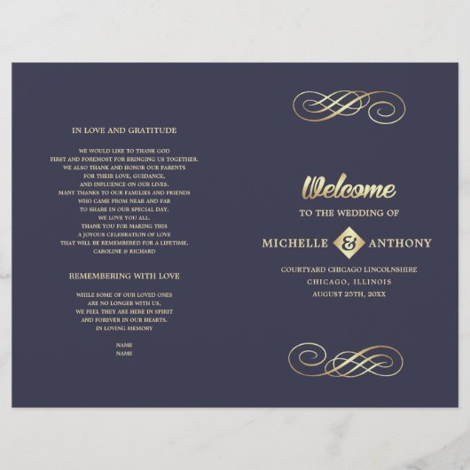 Marineblau | Gold Elegant Folded Wedding Program (Vorderseite)