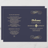 Marineblau | Gold Elegant Folded Wedding Program (Vorne/Hinten)