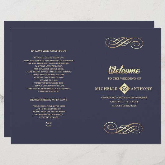 Marineblau | Gold Elegant Folded Wedding Program (Vorne/Hinten)