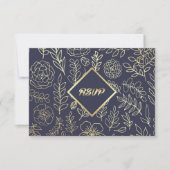 Marineblau | Gold Floral Muster Wedding RSVP Card (Vorderseite)