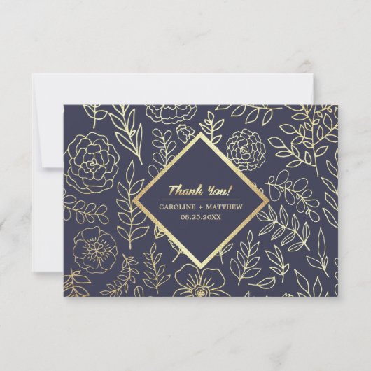 Marineblau | Gold Floral Wedding Dankeschön Karte (Vorderseite)