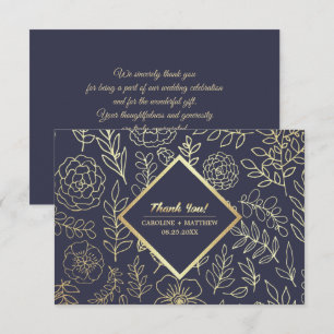 Marineblau   Gold Floral Wedding Dankeschön Karte
