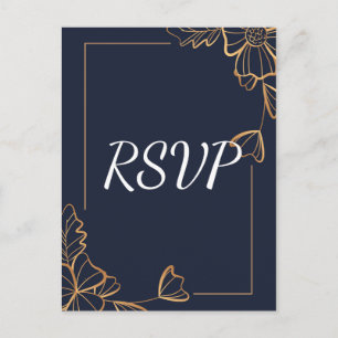 Marineblau & goldenes Blumen-RSVP Einladungspostkarte