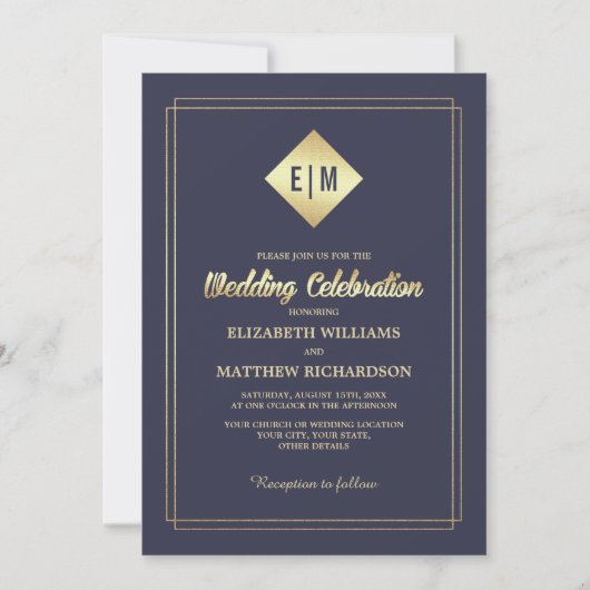 Marineblau | Goldflorale Hochzeit Einladung (Vorderseite)