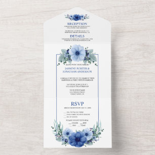 Marineblau, Hellblaue Anemone Floral   All In One Einladung