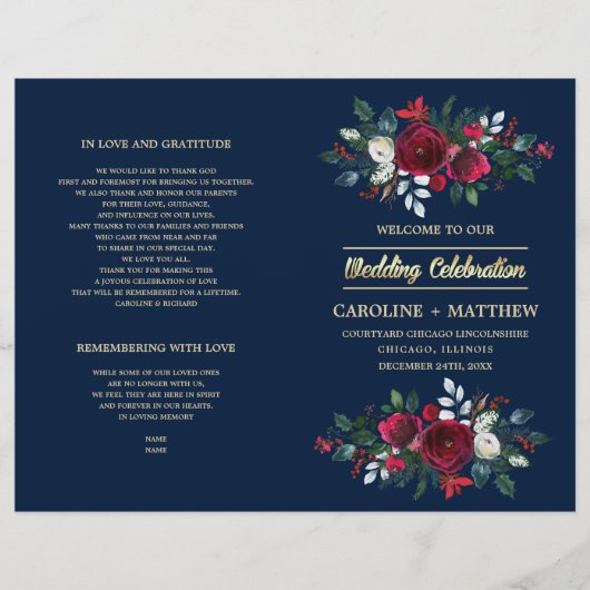 Marineblau | Hochzeitsprogramme für Burgund Rote F (Vorderseite)