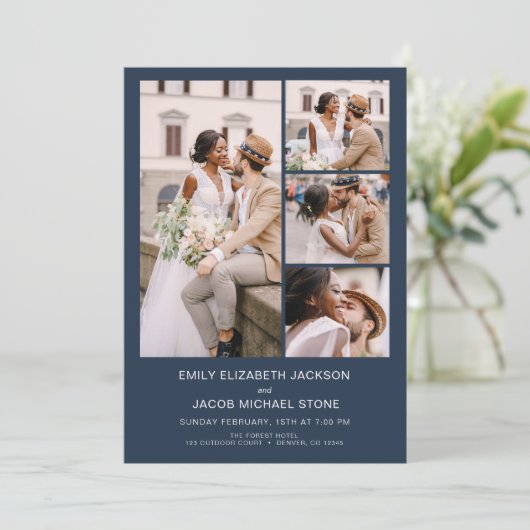 Marineblau in einem Minimalistischen Foto Hochzeit Einladung (Stehend Vorderseite)