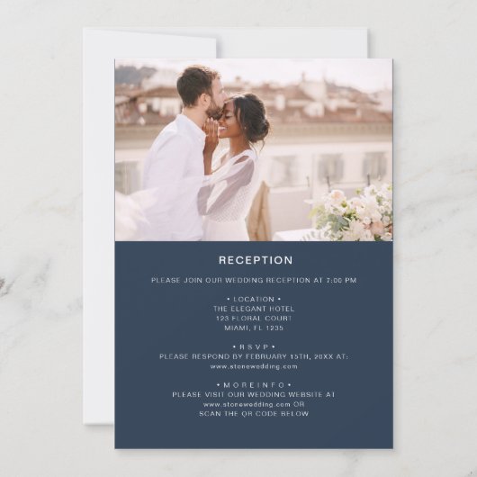 Marineblau in einem Minimalistischen Foto Hochzeit Einladung (Rückseite)