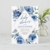 Marineblau-Indigo-Aquarellblumenjungen-Babyparty Einladung (Stehend Vorderseite)