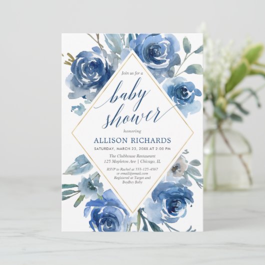 Marineblau-Indigo-Aquarellblumenjungen-Babyparty Einladung (Stehend Vorderseite)