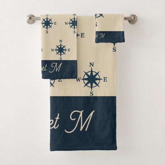 Marineblau-Kompass und Monogram-Zuhause an der Bei Badhandtuch Set (Insitu)