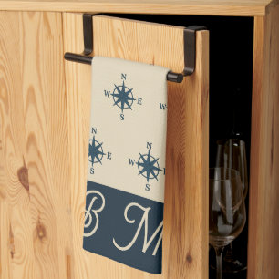 Marineblau-Kompass und Monogram-Zuhause an der Bei Geschirrtuch