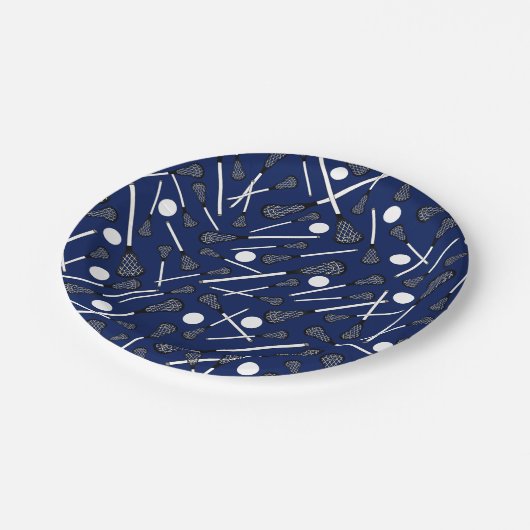 Marineblau Lacrossestöcke Pappteller (Schrägansicht)