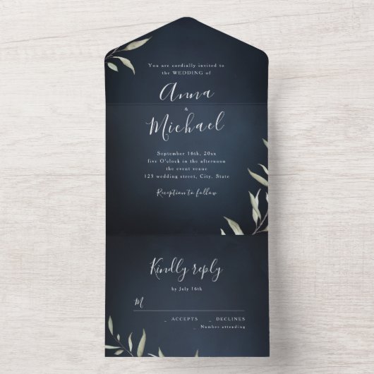 Marineblau minimalgrüne rustikale Hochzeit All In One Einladung (Innen Boden)