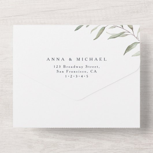 Marineblau minimalgrüne rustikale Hochzeit All In One Einladung (Rückseite)