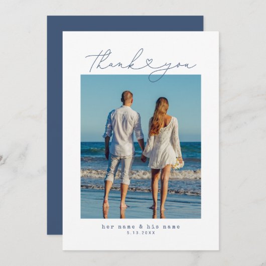 Marineblau | Minimalistische einfache Script-Herz- Dankeskarte (Vorne/Hinten)