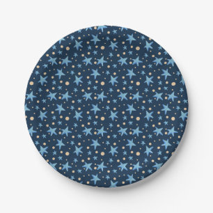 Marineblau mit blauen Sternen und gelbem Punkt gem Pappteller