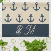 Marineblau mit Monogram Beige Küste Geschirrtuch (Gefaltet)