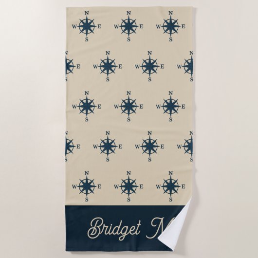 Marineblau mit Monogram Beige Küste Strandtuch (Vorderseite)