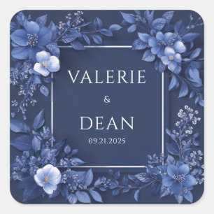 Marineblau monochromes florales modernes Quadrat R Quadratischer Aufkleber
