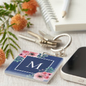 Marineblau | Monogramm-Schlüsselring für florales  Schlüsselanhänger (Vorderseite rechts)