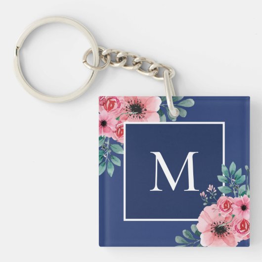 Marineblau | Monogramm-Schlüsselring für florales  Schlüsselanhänger (Vorderseite)
