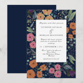 Marineblau-orange-rosa Blume Frühjahrshochzeit Einladung (Vorne/Hinten)