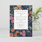 Marineblau-orange-rosa Blume Frühjahrshochzeit Einladung (Stehend Vorderseite)