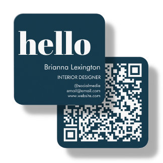 Marineblau | QR Code Social Media Hallo Quadratische Visitenkarte