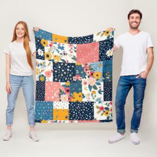 Marineblau-Rosa Cottagecore-Blumenpatchwork Fleecedecke